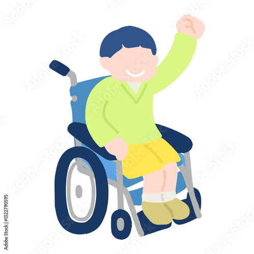 楽しそうに腕をあげる車いすのこども（男の子）のフラットなイラスト
