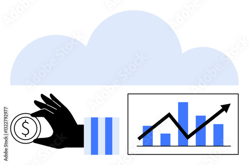 Hand holding coin below cloud, rising chart on screen symbolizing financial growth and data analytics. Ideal for finance, investment, technology, business strategy, economy, digital banking, economic
