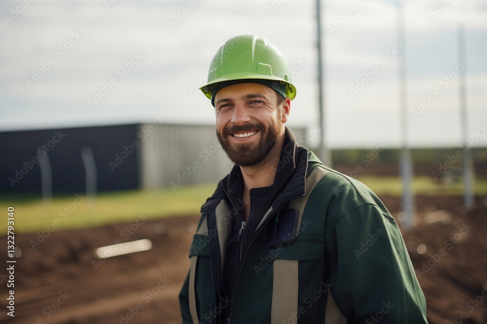 Smiling Construction Worker in Green Hard Hat at Outdoor Site Smiling Construction Worker in Green Hard Hat at Outdoor Site