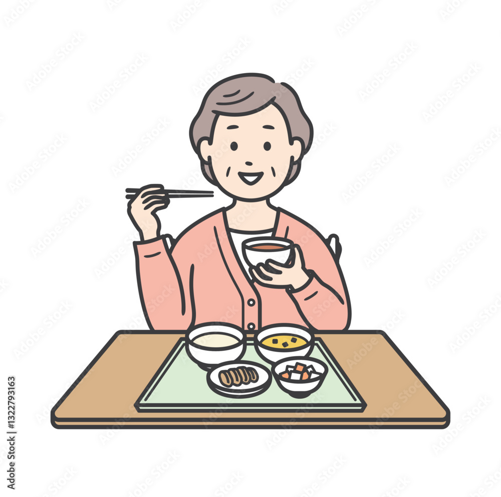 食事をする笑顔の高齢女性の上半身イラスト 食事をする笑顔の高齢女性の上半身イラスト