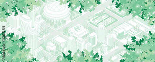 新緑の街並みイラスト. アイソメ図.