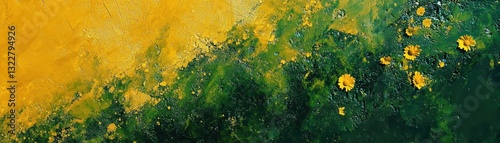 Vibrant painting featuring a dynamic blend of yellow and green hues, creating an energetic backdrop, elegantly framed by a bold black border that enhances its visual impact.