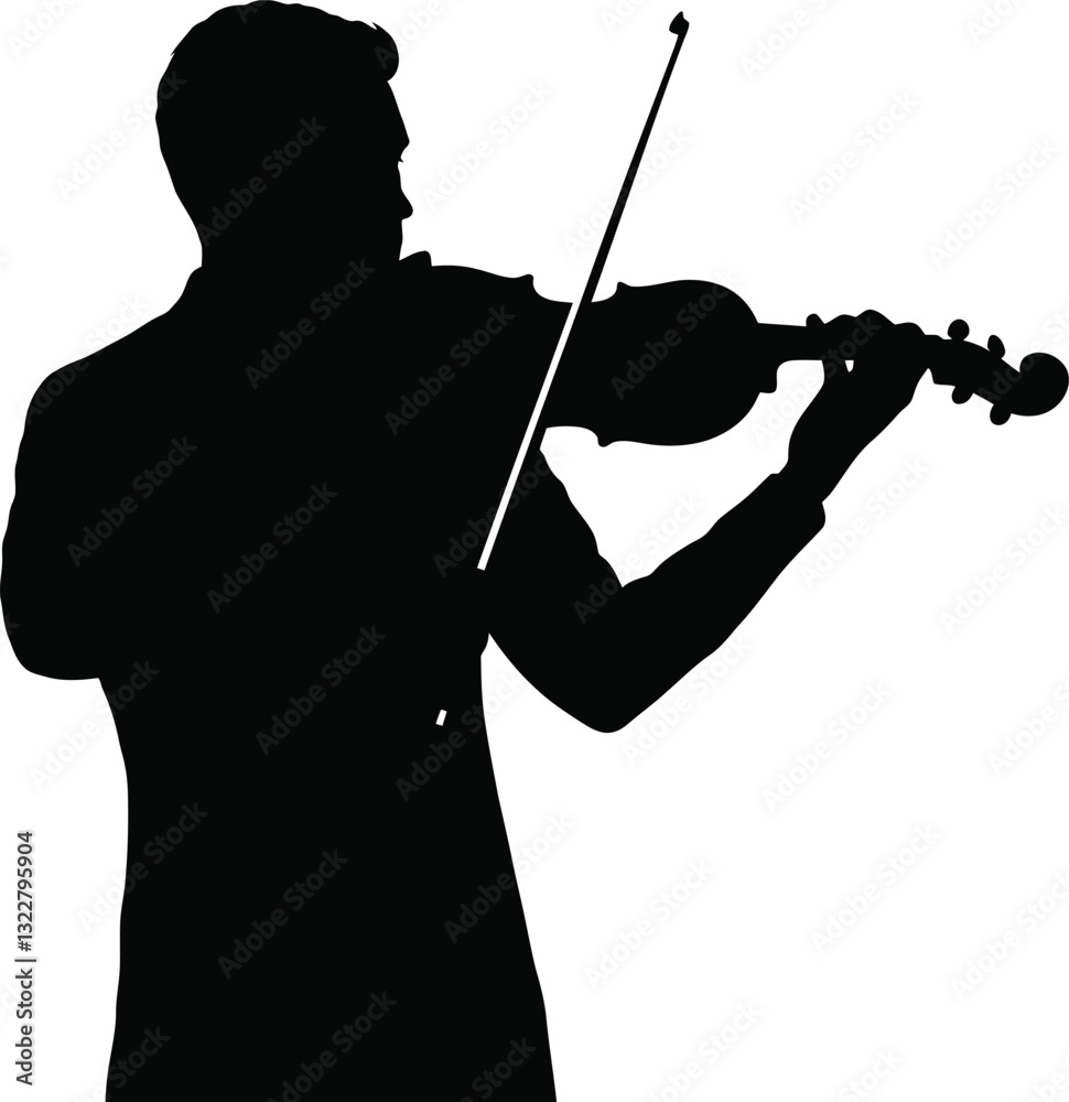 High-quality black silhouette vector of a violinist holding their violin and bow in a playing position. High-quality black silhouette vector of a violinist holding their violin and bow in a playing position.