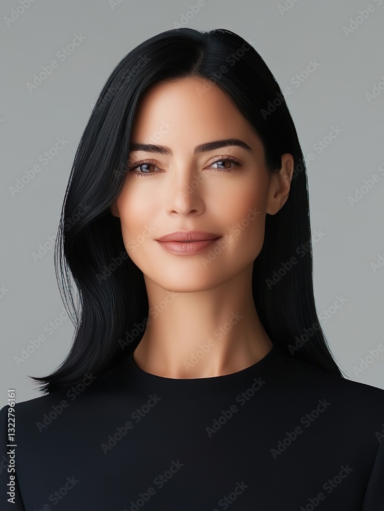 Fototapeta premium Retrato de una mujer morena, de entre 30 y 35 años, con el pelo negro hasta los hombros y una sutil sonrisa. emprendedor creativo y profesional, trabajador