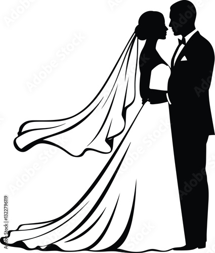 Elegant black silhouette vector of a bride and groom standing together