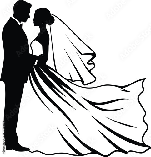 Elegant black silhouette vector of a bride and groom standing together