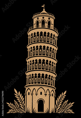 Leaning Tower of Pisa with vegetal patterns, minimalistic design, beige on black background, modern poster aesthetic, balanced layout, vector art
