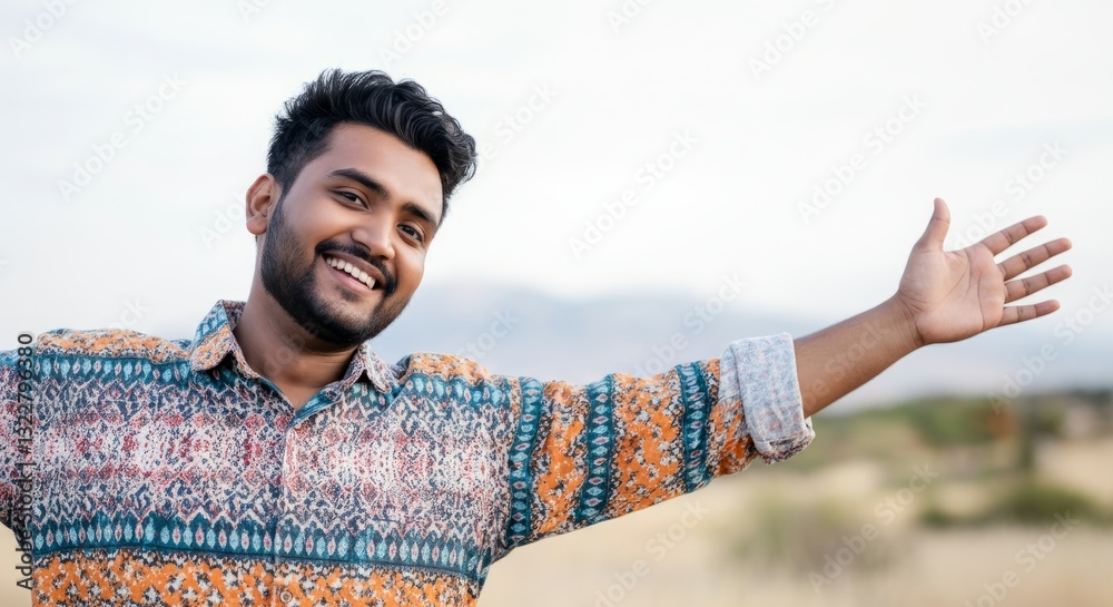 Naklejka premium Smiling young caucasian male with open arms in patterned shirt outdoors