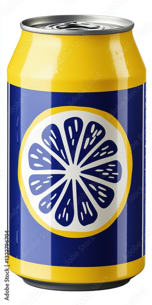 A vibrantly colored can of soda with bubbles and reflections on its metallic surface A vibrantly colored can of soda with bubbles and reflections on its metallic surface