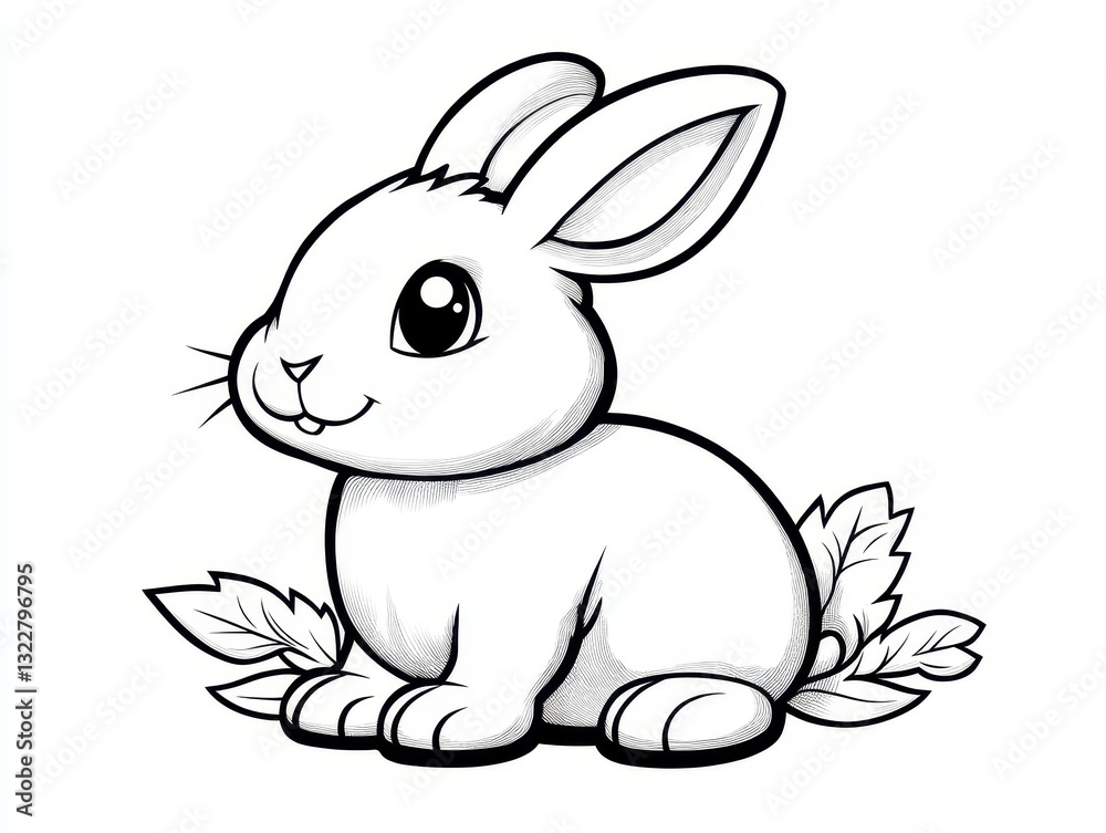 Cute cartoon rabbit sitting on leaves, showcasing a playful expression in a simple background Cute cartoon rabbit sitting on leaves, showcasing a playful expression in a simple background