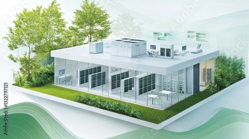 Data Center building infographic concept. Eco Friendly Modern Villa with Sustainable Architecture and Renewable Energy Solutions