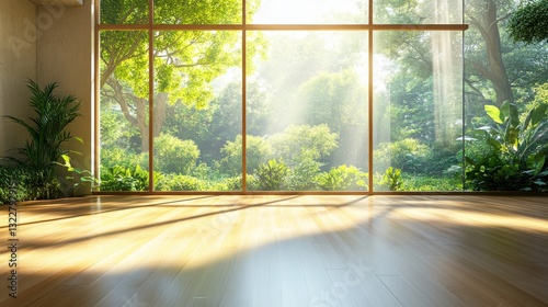 Sunlit interior with hardwood floors and expansive windows offering a lush green view. Tranquil and serene.