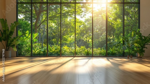 Sunlight streams through large windows overlooking a lush green garden  illuminating a hardwood floor. Peaceful and serene.