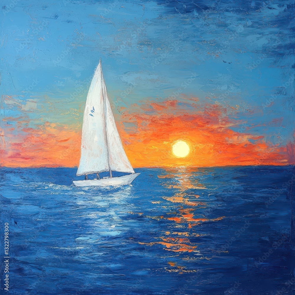 Obraz premium A serene painting depicting a sailboat gracefully gliding across the ocean's surface at sunset, surrounded by vibrant hues of orange and pink in the sky, reflecting on the water.