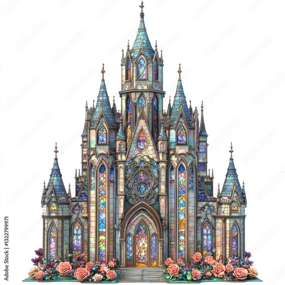 Majestic stained-glass castle with pink roses. Majestic stained-glass castle with pink roses.