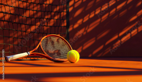 Tennis Racket and Ball on Clay Court
