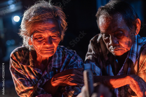 Elderly Asian couple cooking with a clay pot in rural Thailand photo