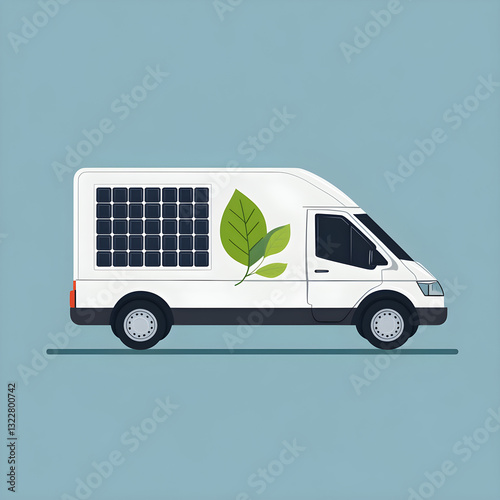 Delivery van with solar panel graphics and a green leaf photo