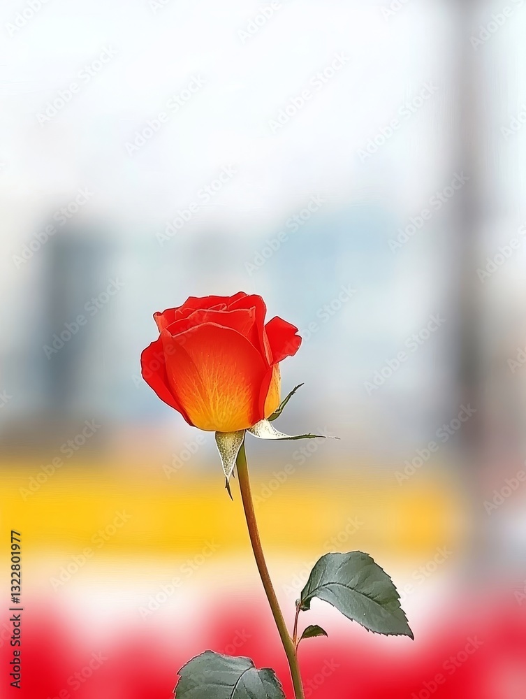 Fototapeta premium Single Orange Rose Bloom - A single orange rose with yellow highlights stands elegantly against a blurred multicolored background