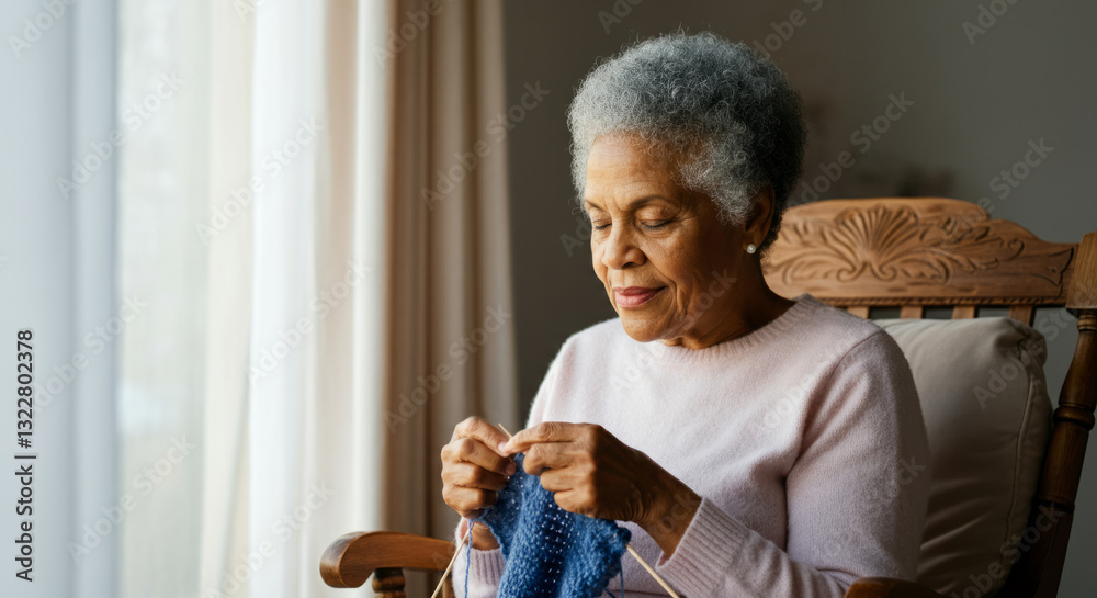 Elderly african female knitting in a cozy room Elderly african female knitting in a cozy room