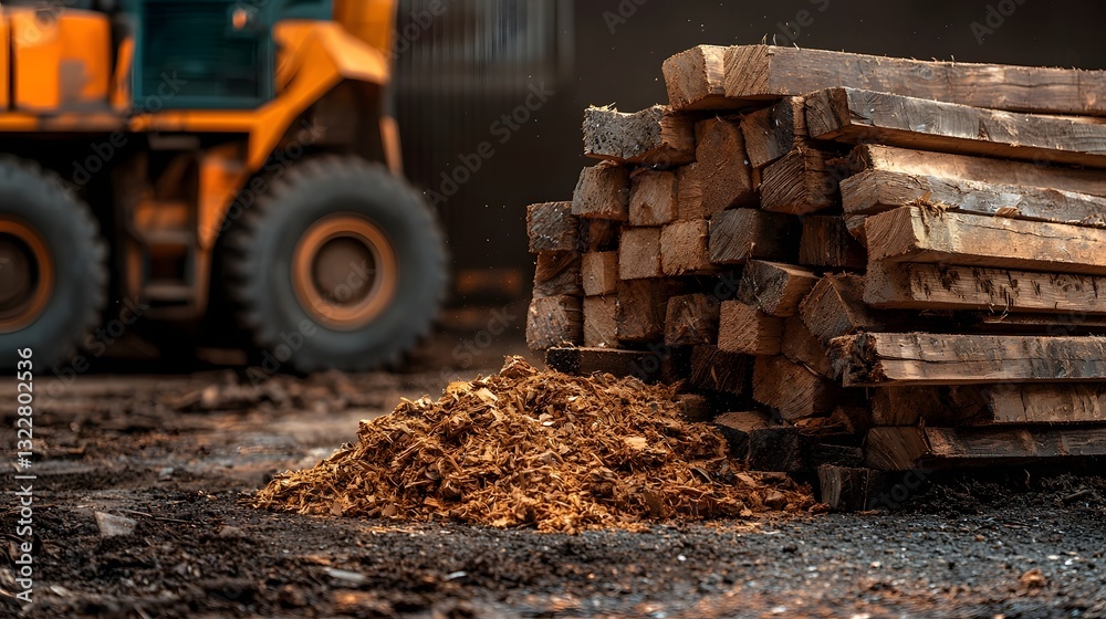 Obraz premium Photograph of a large pile of discarded wooden planks and sawdust accumulated at a recycling center with empty space for text overlay or design elements