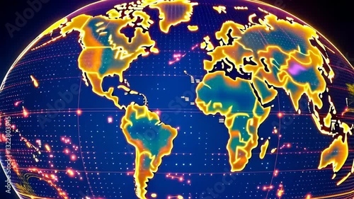 A stylized digital world map with thermal heat patterns and futuristic glowing lines. High-tech representation of data, analytics, and global trends. Concept of big data and artificial intelligence