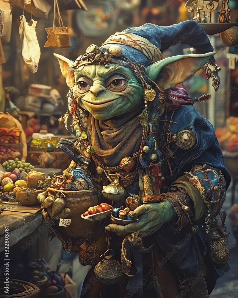 Fototapeta premium Cartoon character colorful fantasy detailed realistic Whimsical creature in a vibrant marketplace setting.