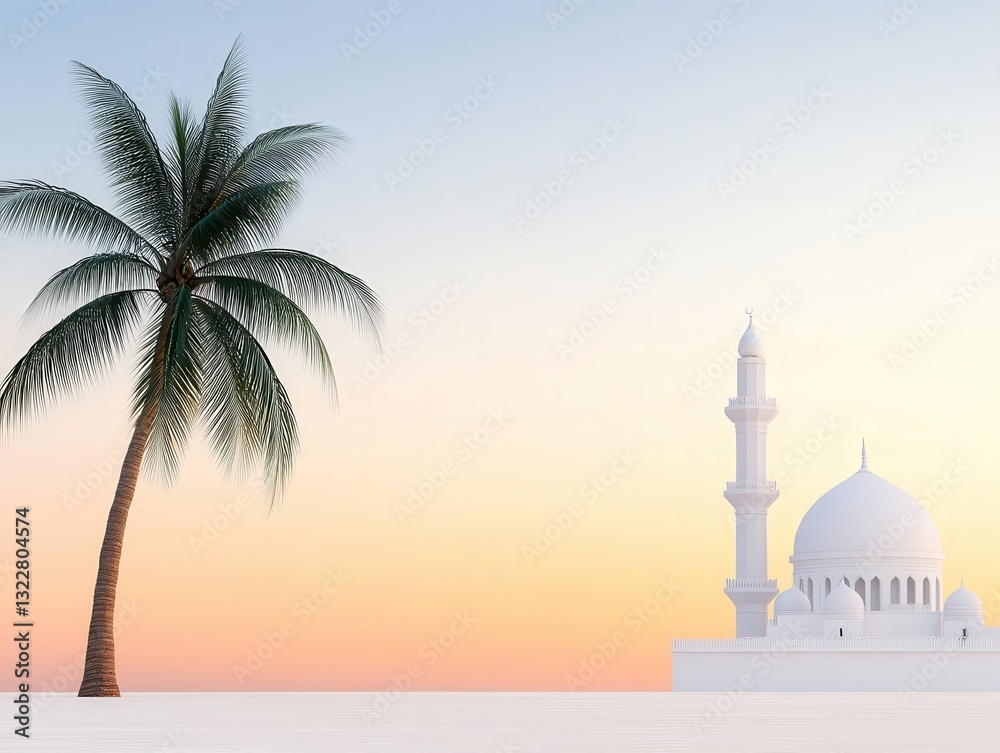 Naklejka premium Serene sunset over a tranquil beach with a palm tree and mosque silhouette