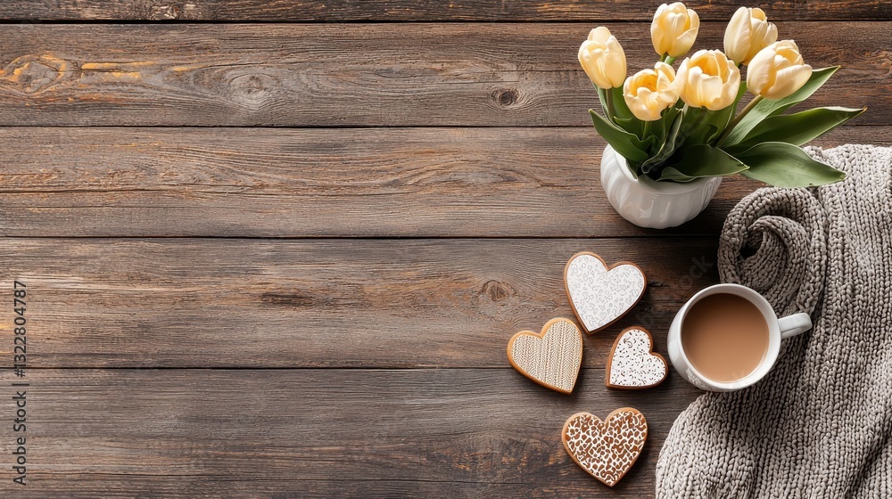 A cozy table setting with a cup of coffee, heart-shaped cookies, and fresh tulips, perfect for a warm, inviting atmosphere. A cozy table setting with a cup of coffee, heart-shaped cookies, and fresh tulips, perfect for a warm, inviting atmosphere.