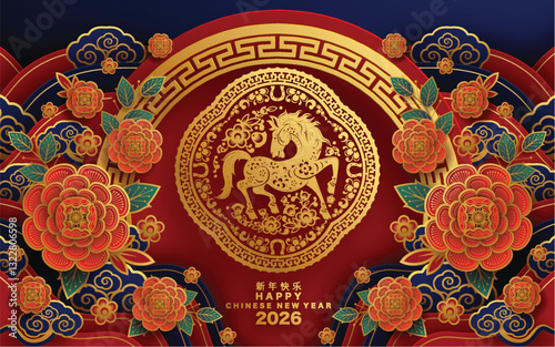 Happy chinese new year 2026 the horse zodiac sign with flower,lantern,asian elements red and gold color paper cut style on color background. ( Translation : happy new year 2026 year of the horse )
