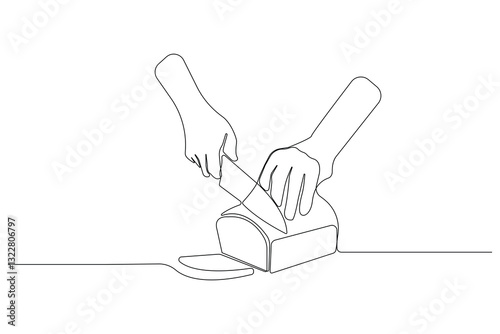 Hands cutting bread with a knife continuous one-line art drawing. Vector illustration.