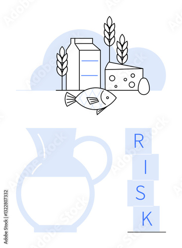 Milk, cheese, fish, egg, wheat, and pitcher with stacked blocks spelling RISK. Ideal for food safety, health awareness, diet planning nutrition guidance food industry risk management abstract