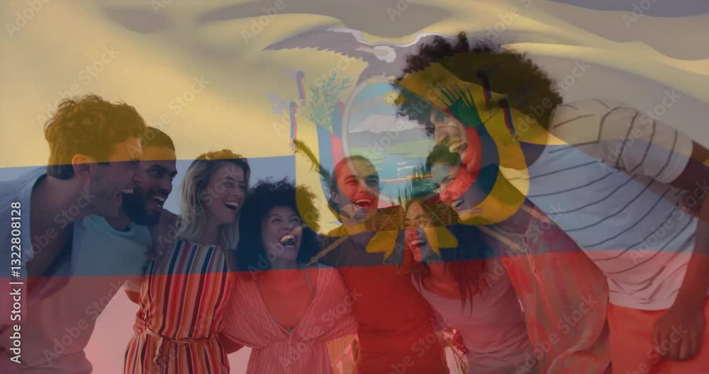 Laughing together, diverse friends with Ecuador flag animation in background
