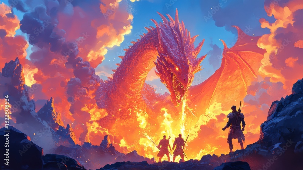 Fototapeta premium Colorful Fantasy Cartoon Dragon Breathing Fire in Epic Scene