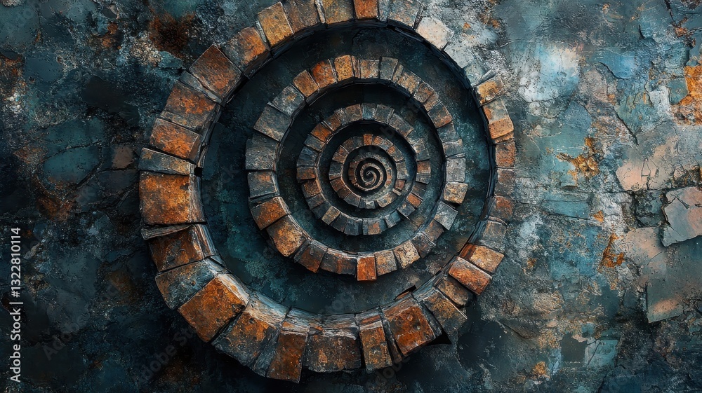 Intricate Spiral Pattern of Rusty Metal Bricks on Weathered Wall Creating a Captivating Abstract Industrial Art Design Intricate Spiral Pattern of Rusty Metal Bricks on Weathered Wall Creating a Captivating Abstract Industrial Art Design