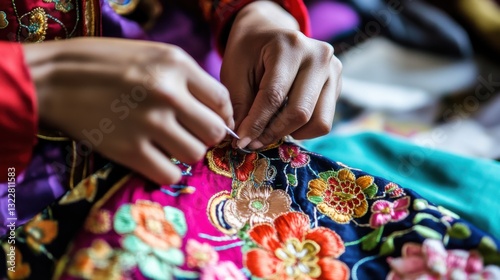 Intricate Embroidery Stitches on Colorful Fabric by Skilled Tailor