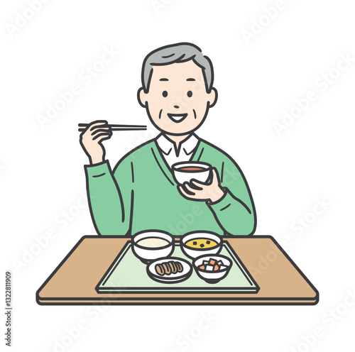 食事をする笑顔の高齢男性のイラスト
