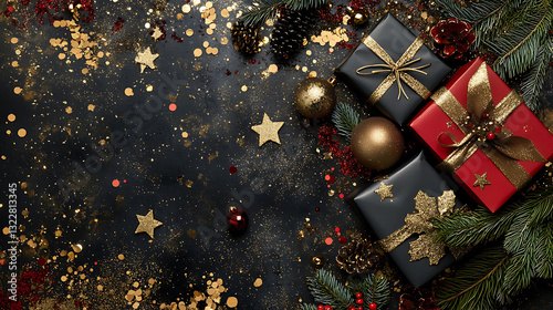 Christmas gift boxes top view background under a decorated with festive ribbons and golden accents