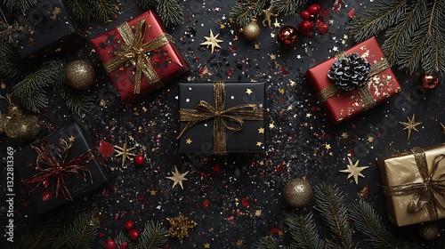 Christmas gift boxes top view background under a decorated with festive ribbons and golden accents
