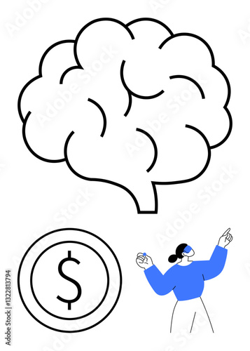 Brain outline symbolizing thinking, dollar coin for finance, abstract figure analyzing and pointing. Ideal for concepts of strategy, creativity, wealth planning, innovation, productivity, education