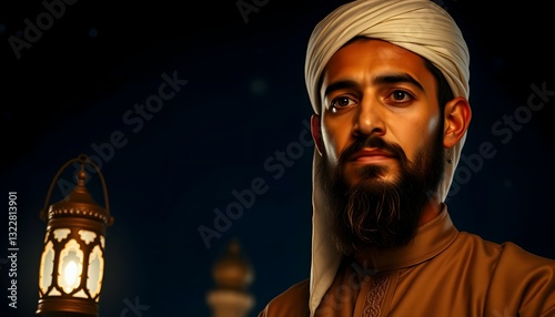 Muslim Man with Beard and Turban at Night Near Lantern and Mosque