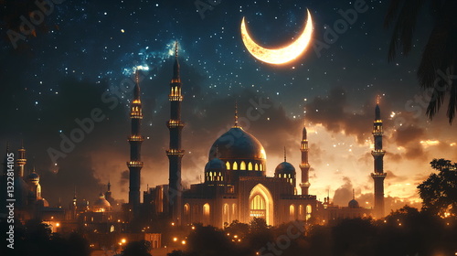 Serene Islamic Architecture at Twilight - Spiritual Ramadan Atmosphere