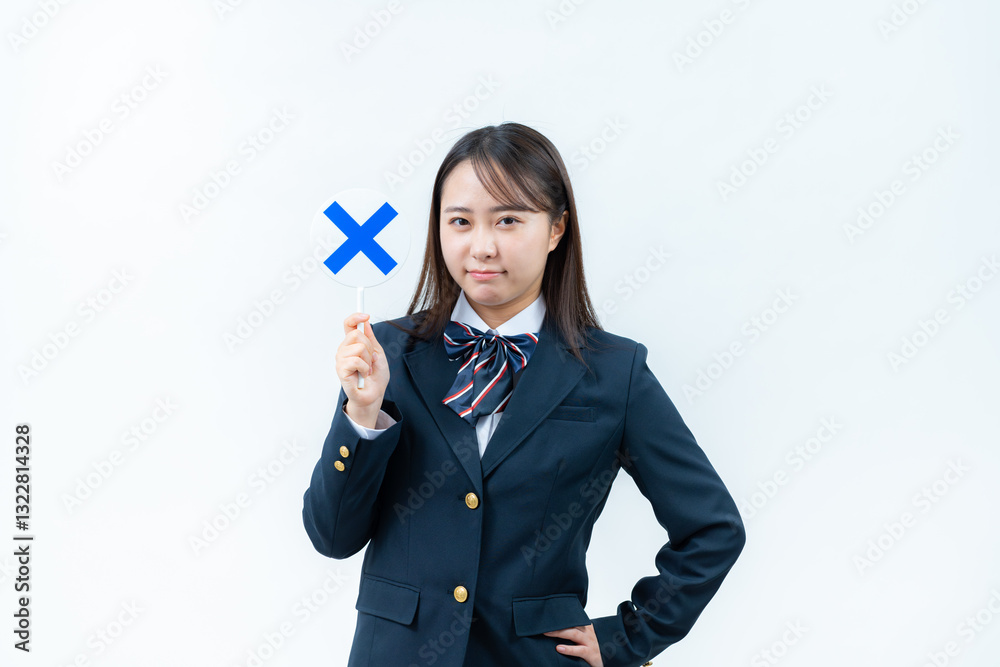 バツ印のプレートを持つ女子高校生