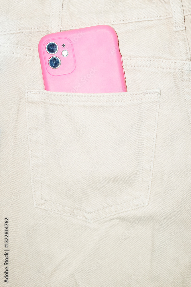 Pink smartphone in pocket of beige denim jeans with hard direct flash Pink smartphone in pocket of beige denim jeans with hard direct flash