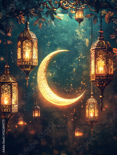 Beautiful Islamic Artwork Featuring Crescent Moon and Traditional Lanterns