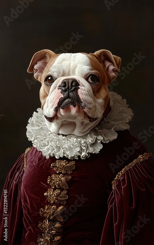 English bulldog in luxurious red velvet dress with gold embroidery and ruffled collar in classical portrait style