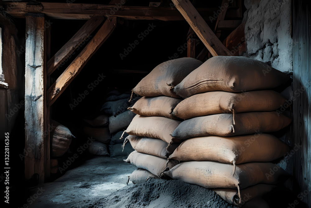 Fototapeta premium A stack of agricultural sacks nestled inside an old timber building reflects rustic storage practices and the enduring rhythm of harvest work.