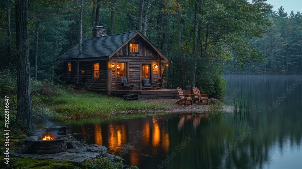 Fototapeta premium Cozy Lakeside Cabin with Soft Lighting at Dusk