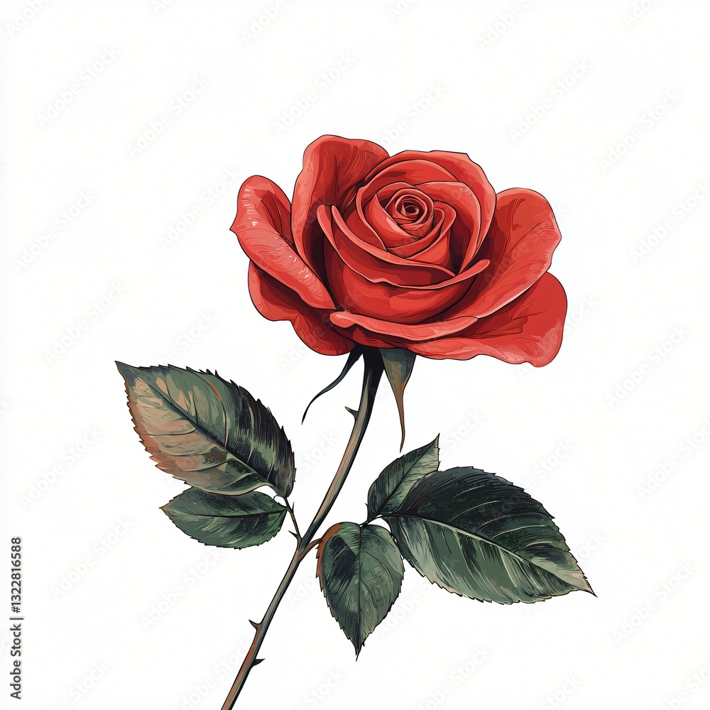 Fototapeta premium Single Red Rose Blossom with Green Leaves Botanical Illustration Floral Design Element