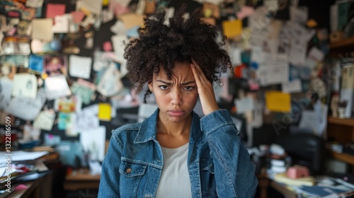 Frustrated Person Rubbing Forehead in Messy Office Environment